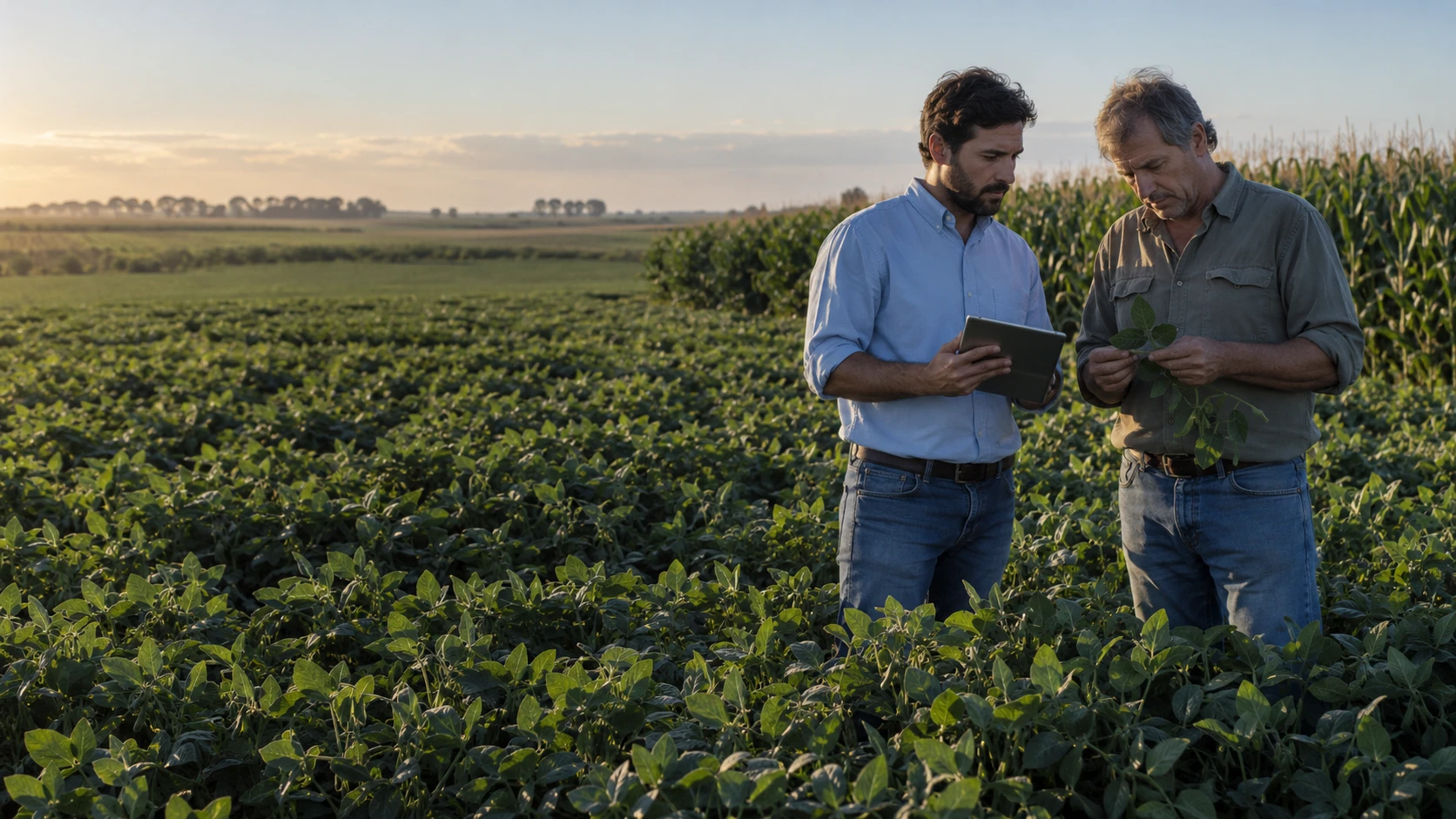 Agrónomos revisando un cultivo de soja junto a parcelas de maíz