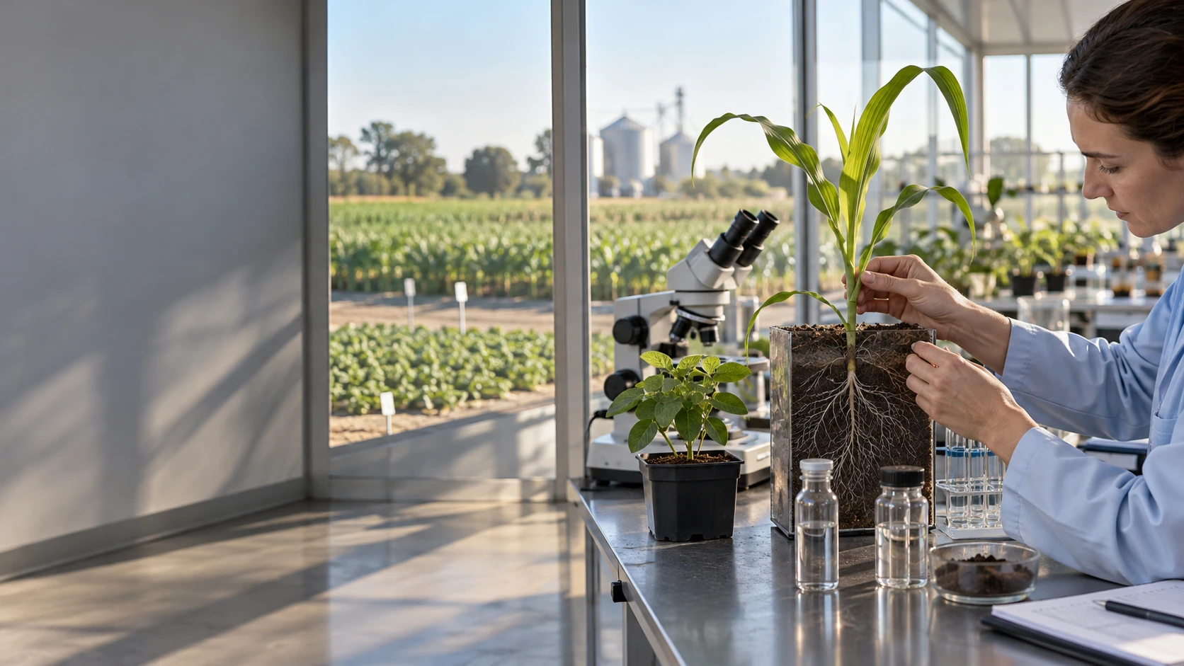 Investigación en nutrición vegetal con plantas de maíz y soja, raíces y muestras de suelo